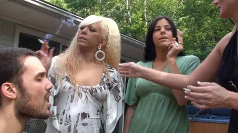 Brat Princess H 265 Shayla Tiffani and 3 girls smoke with one male mouth for an ashtray