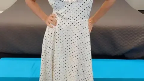 Milf Stella OF 2025 01 16 White Dress with Black Polka Dots Black and Wood High Heels