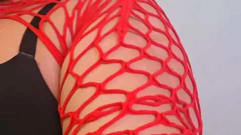 Curvy Caucasian Woman in Red Fishnet Top and Black Bra