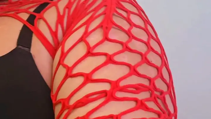 Curvy Caucasian Woman in Red Fishnet Top and Black Bra
