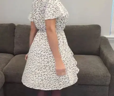 Milf Stella OF 2024 08 15 White Dress with Black Hearts, Purple Hose Black Heels