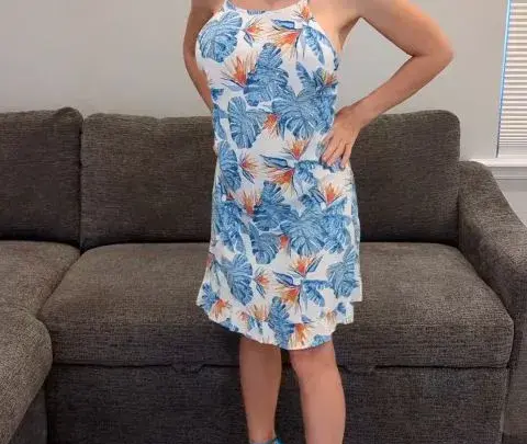 Milf Stella OF 2025 04 04 Tropical Dress with Blue Heels